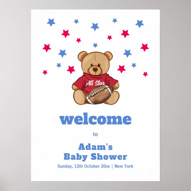 Póster All Star Teddy Bear Football Baby Shower Welcome  (Frente)