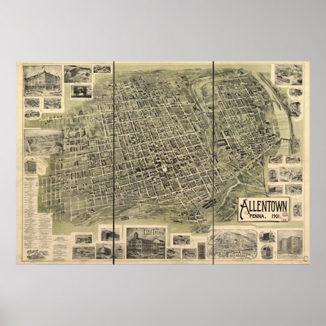 Póster Allentown 1901, Mapa Panorámico de Vista de Ojos d (Frente)