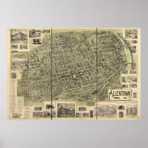 Póster Allentown Pennsylvania 1901 Mapa Panorámico Antigu