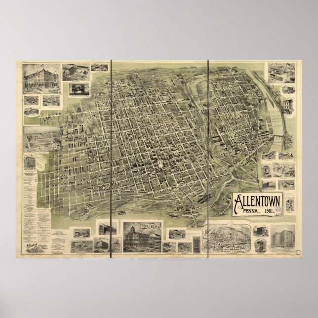 Póster Allentown Pennsylvania 1901 Mapa Panorámico Antigu (Frente)