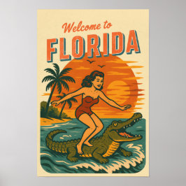 Póster Alligator Surfing Beach Pin-up | Retro Coastal Art