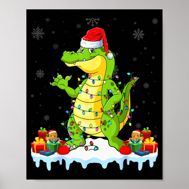 Póster Alligator Wearing Xmas Lights Santa Hat Alligator  (Frente)