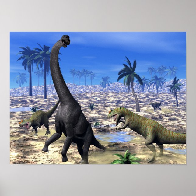 Póster Allosauro atacando brachiosaurio dinosaurio (Frente)