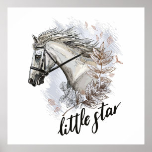Póster Almohada con dibujo a mano de caballo con plantas