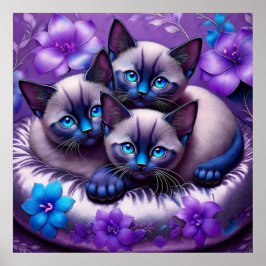 Póster Almohada plateada de gatitos siameses con flores m