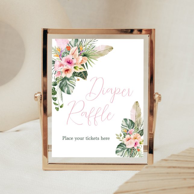 Póster Aloha Baby Tropical Baby Shower Diaper Raffle (Luau Hawaiian Girl Baby Shower Diaper Raffle Sign)