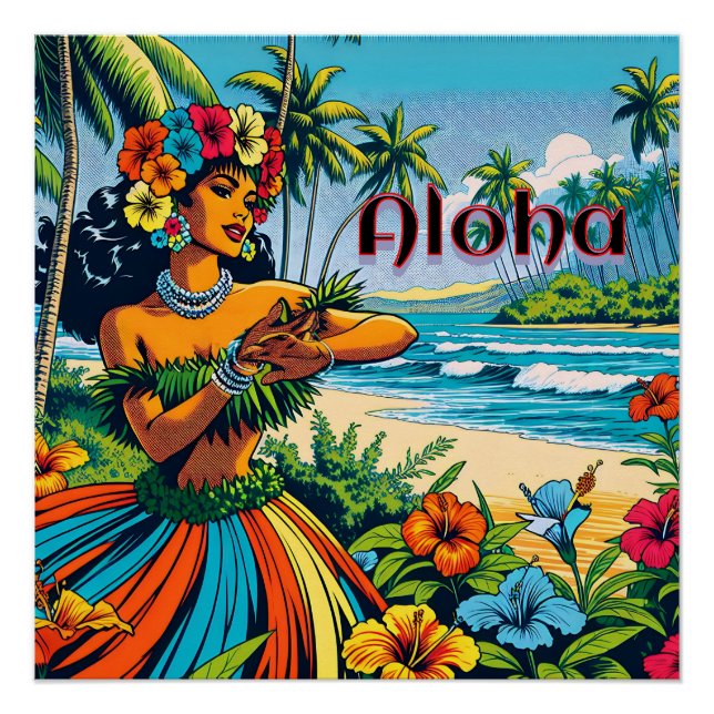 Póster Aloha | Bailarina hawaiana hula en la playa (Anverso)