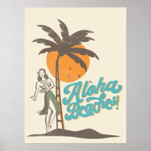 Póster Aloha Beach Hula Chica Hawaii Retro Hawái