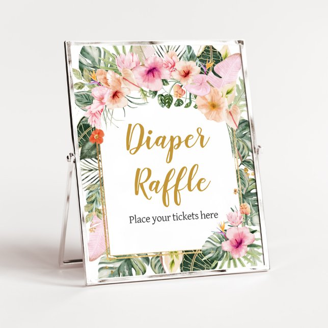 Póster Aloha Diaper Raffle floral tropical (Girl Hawaiian Baby Shower Diaper Raffle Sign)
