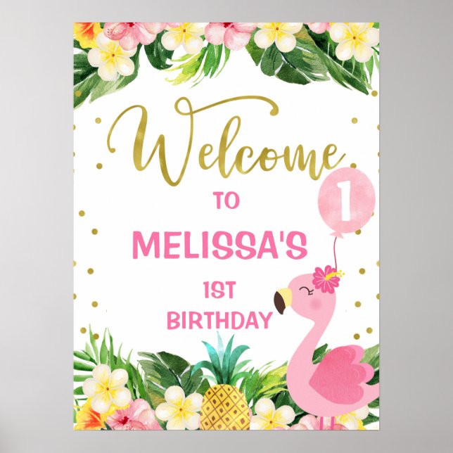 Póster Aloha Floral Foliage Flamingo 1st Birthday Welcome (Frente)