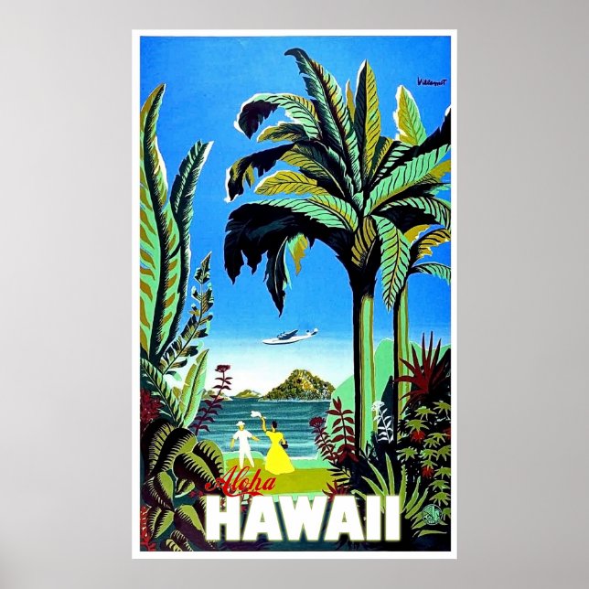 Póster Aloha Hawaii, isla tropical, viaje en aerolínea vi (Frente)