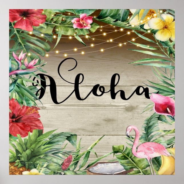 Póster Aloha Madera Tropical Flores Hojas y Luces Verano (Frente)