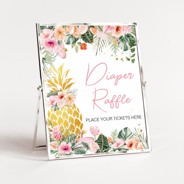 Póster Aloha Pineapple Baby Shower Diaper Raffle (Floral Aloha Baby Shower Diaper Raffle Sign)