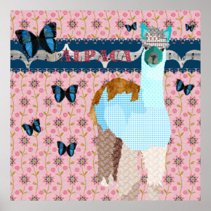 Póster Alpaca Boho Butterflies Poster Floral Rosa