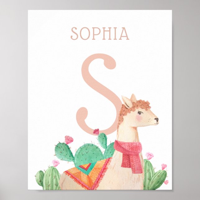 Póster Alpaca Nursery Wall Art. Llama Kids Name & Initial (Frente)