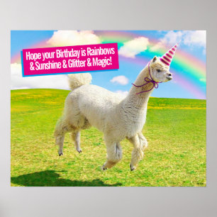 Póster Alpaca Unicornio Bajo Cielo Arcoiris