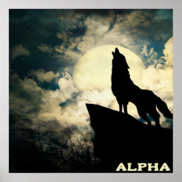 Póster Alpha Wolf Howling en la Luna Completa