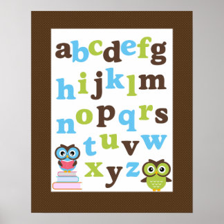 Póster Alphabet Poster for Nursery Blue Green Owls