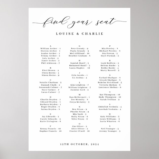 Póster Alphabetical Elegant Wedding Seating Chart (Frente)