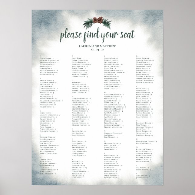 Póster Alphabetical Rustic Wedding Seating Chart Poster (Frente)