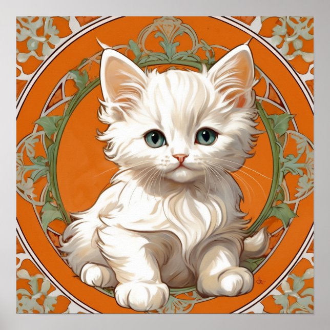 Póster Alphonse Mucha Art Nouveau Gatito Blanco (Frente)