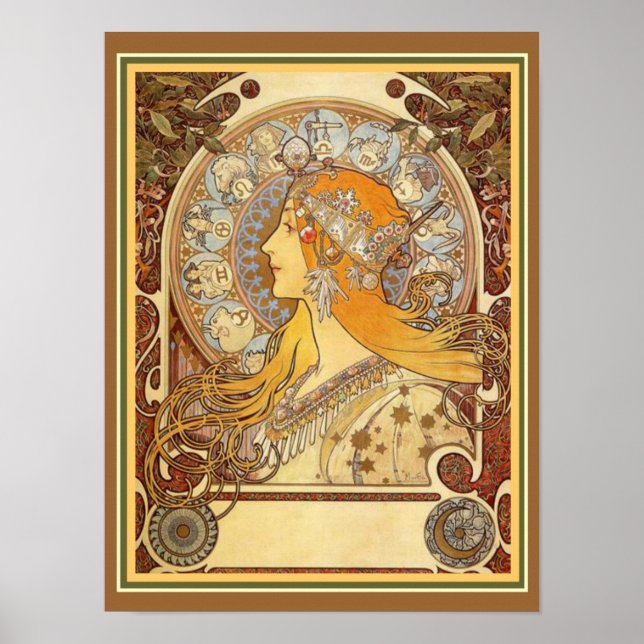 Póster Alphonse Mucha Art Nouveau Zodiac Print 12 x 16 (Frente)