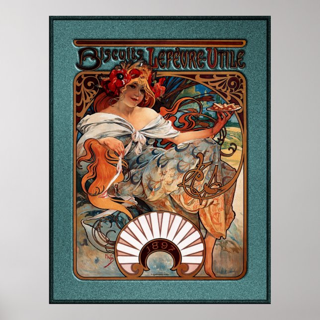 Póster Alphonse Mucha Biscuits Lefevre-Utile Speckled Frm (Frente)