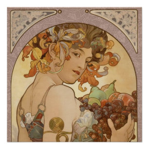 Póster Alphonse Mucha Frutas Art Nouveau Vintage Doncella