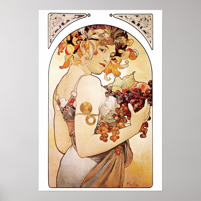 Póster Alphonse Mucha Lady con Fruta (Frente)