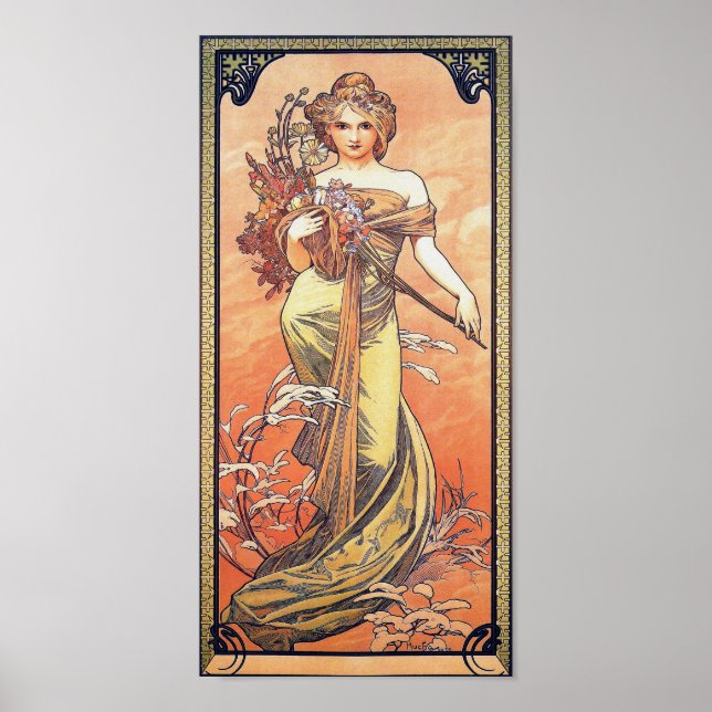Póster Alphonse Mucha Painting - Woman Holding Flowers (Frente)