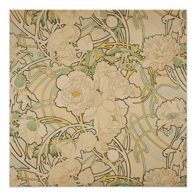 Póster Alphonse Mucha - Peonies (Anverso)