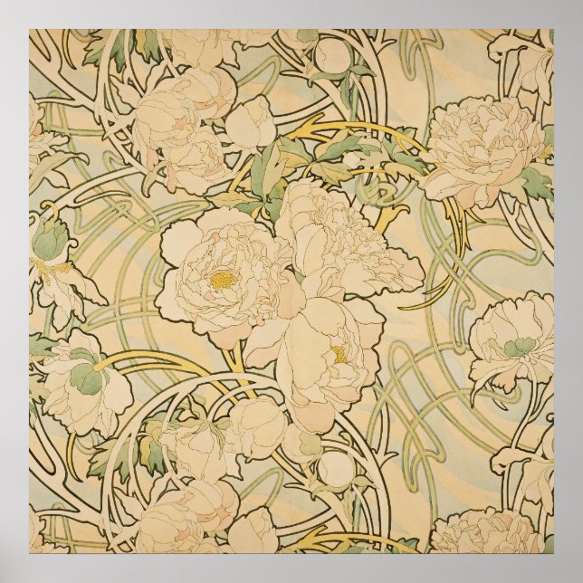 Póster Alphonse Mucha Peonies Peony Rosas Fawn 1897 (Frente)