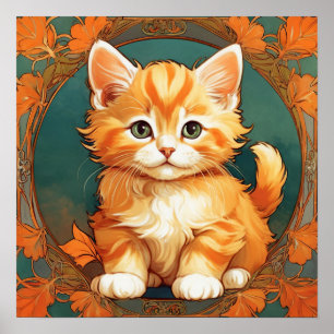 Póster Alphonse Mucha Style Naranja Cat