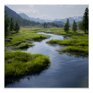 Póster Alpine Valley Stream Green Meadows Snowy Peaks