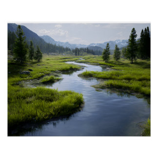 Póster Alpine Valley Stream Green Meadows Snowy Peaks