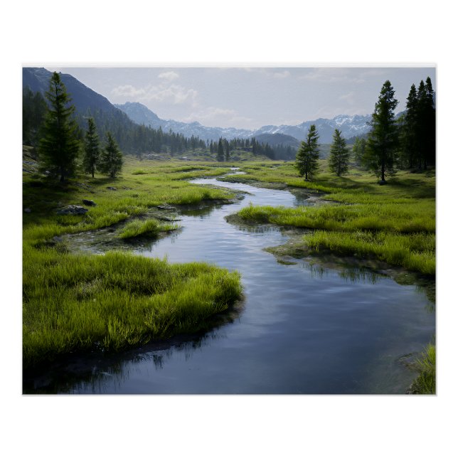 Póster Alpine Valley Stream Green Meadows Snowy Peaks (Anverso)