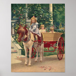 Póster alrededor de 1910 niños y carreta tirada por cabal