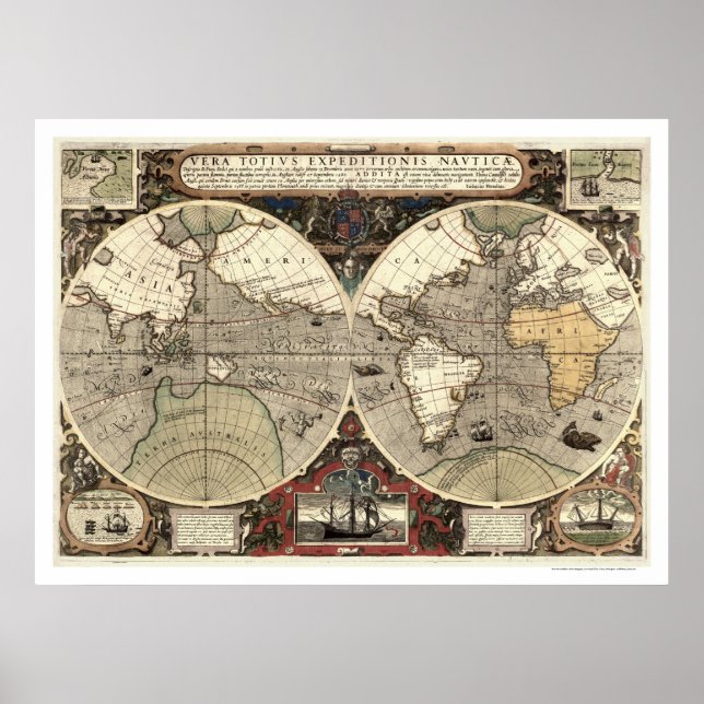 Póster Alrededor del Mapa de Drenajes del Mundo - 1595 (Frente)