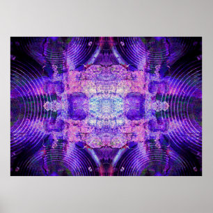Póster altavoces de música púrpura en una pared rota