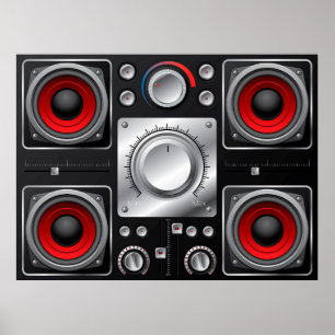Póster Altavoces rojos con amplificador y mandos de contr