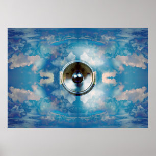 Póster Altavoz de música en un cartel de cielo azul nubla