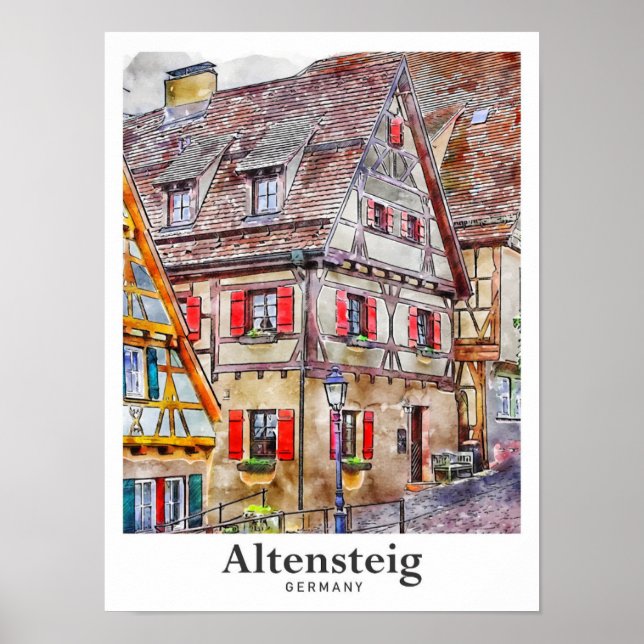 Póster Altensteig Alemania Viaje Mano de acuarela de la m (Frente)