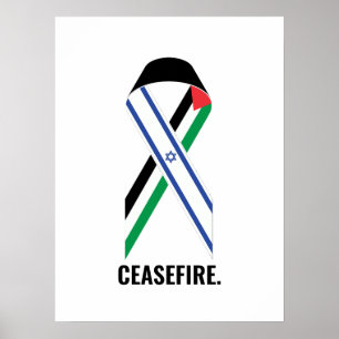 Póster Alto al fuego Israel y Palestina banderas blancas
