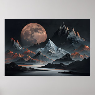 Póster Alza lunar sobre picos alienígenas - montaña surre