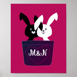 Póster Ama a los conejos negros y blancos en magenta cart