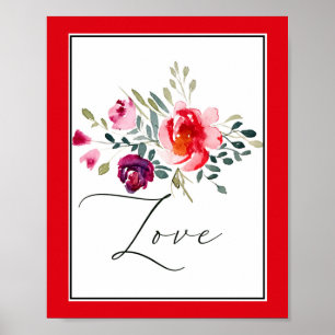 Póster Ama acuarela roja floral