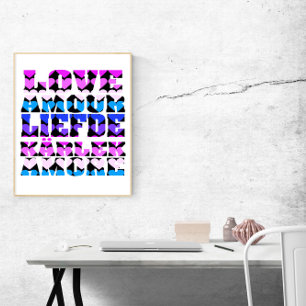 Póster Ama Muchos Idiomas Corazones Rosa Púrpura Azul Neg