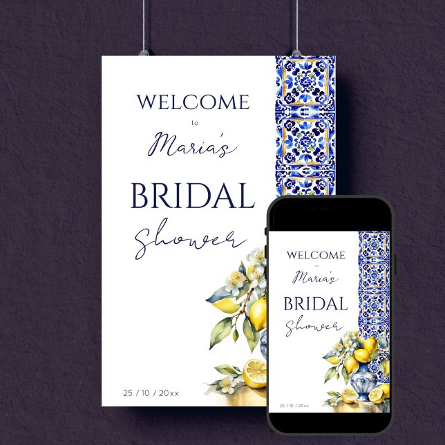 Póster Amalfi azules italianos limones novia bienvenida (Amalfi Italian blue tiles lemons in a blue ceramics vase bridal shower welcome sign Poster template)