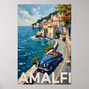 Póster Amalfi Coast Drive : Pintura retro de petróleo ita