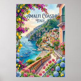 Póster Amalfi Coast Italy Watercolor Travel Tropical